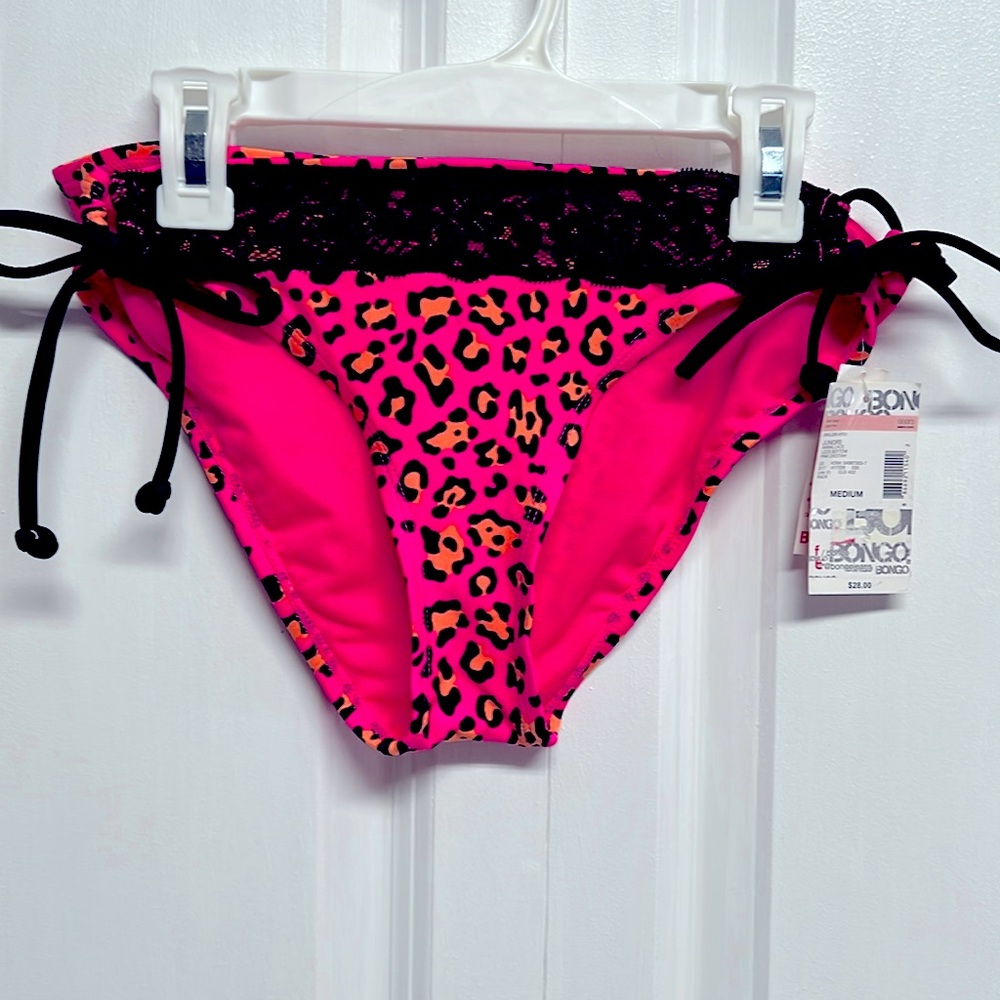 Bongo Pink Cheetah String Bikini Lace Trim Lizzy Bottom Bathing Suit Jr Size M